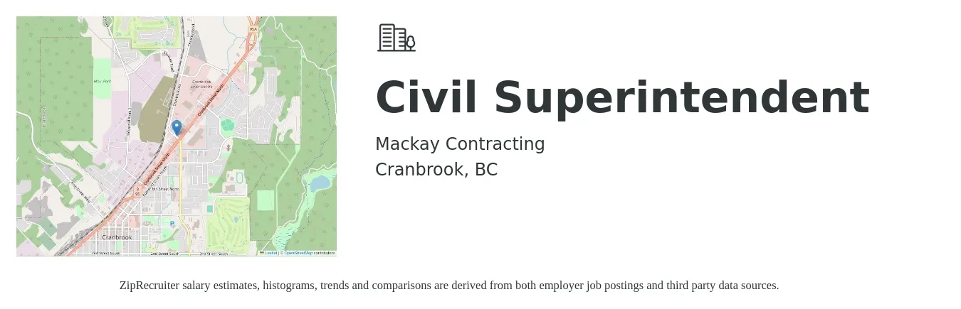 Mackay Contracting job posting for a Civil Superintendent in Cranbrook, BC with a salary of $42 Hourly with a map of Cranbrook location.