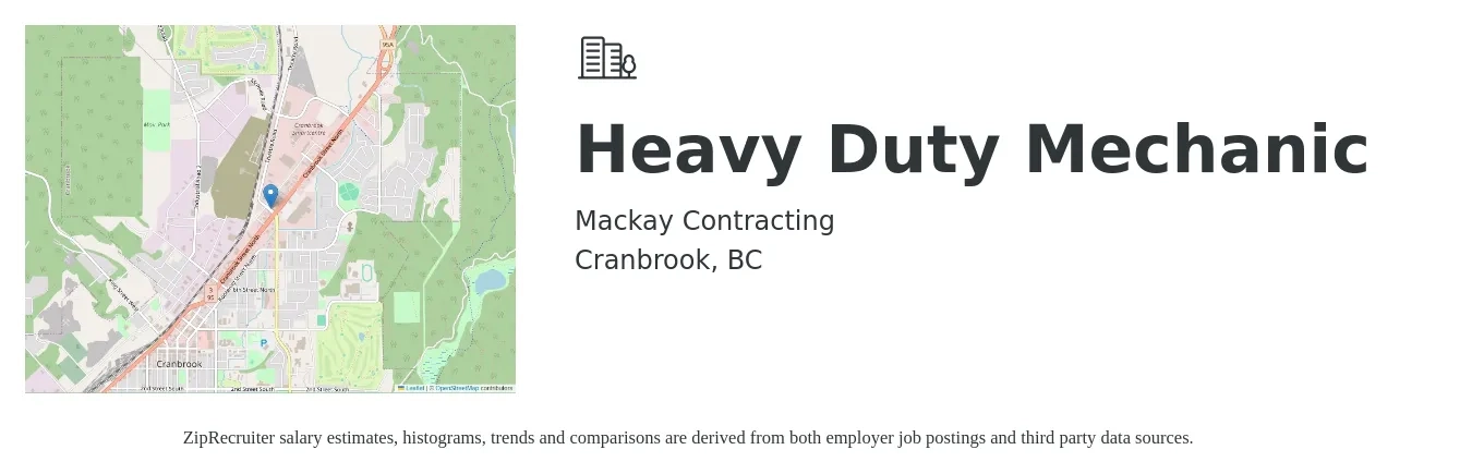 Mackay Contracting job posting for a Heavy Duty Mechanic in Cranbrook, BC with a salary of $34 to $38 Hourly with a map of Cranbrook location.