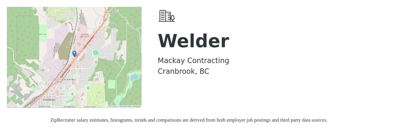 Mackay Contracting job posting for a Welder in Cranbrook, BC with a salary of $30 to $35 Hourly with a map of Cranbrook location.