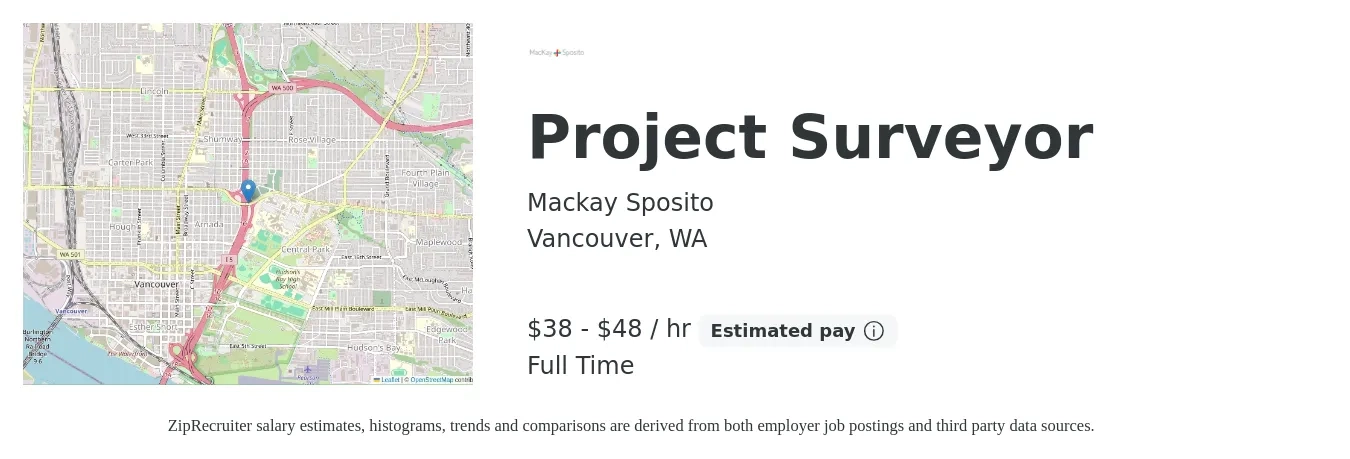 Mackay Sposito job posting for a Project Surveyor in Vancouver, WA with a salary of $40 to $50 Hourly with a map of Vancouver location.