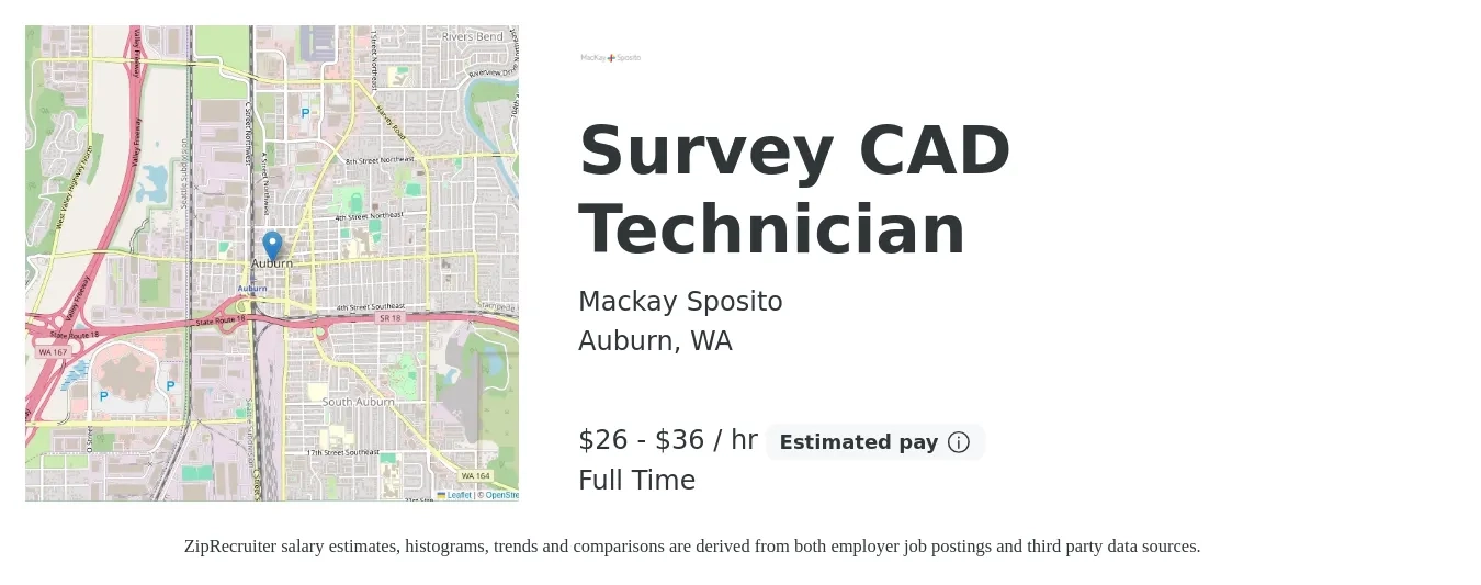 Mackay Sposito job posting for a Survey CAD Technician in Auburn, WA with a salary of $28 to $38 Hourly with a map of Auburn location.