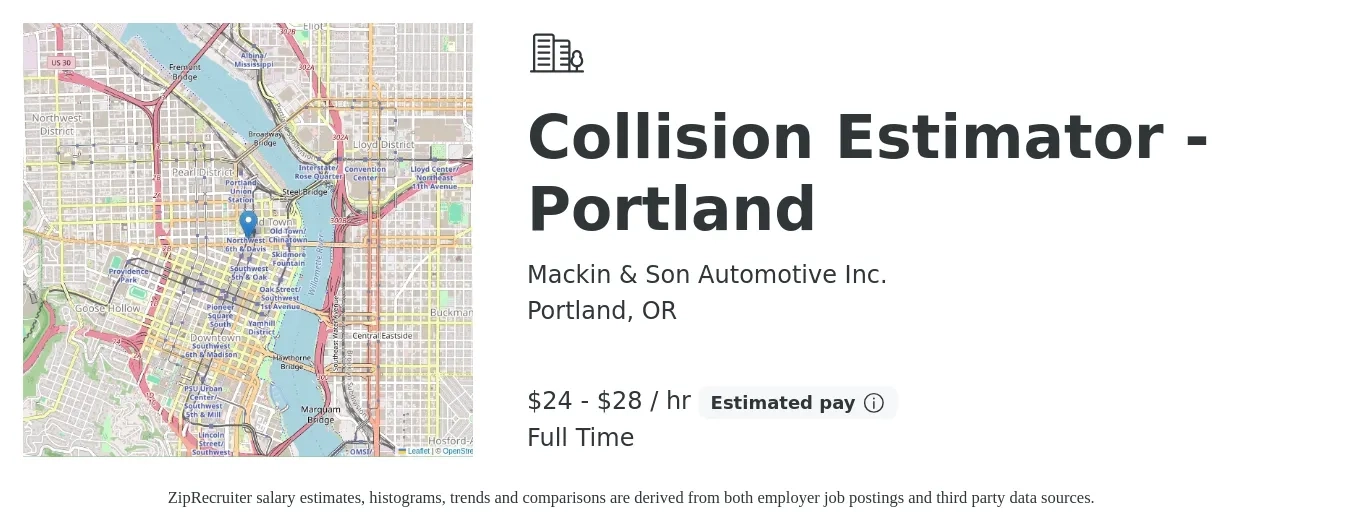 Mackin & Son Automotive Inc. job posting for a Collision Estimator - Portland in Portland, OR with a salary of $53,000 to $81,700 Yearly with a map of Portland location.