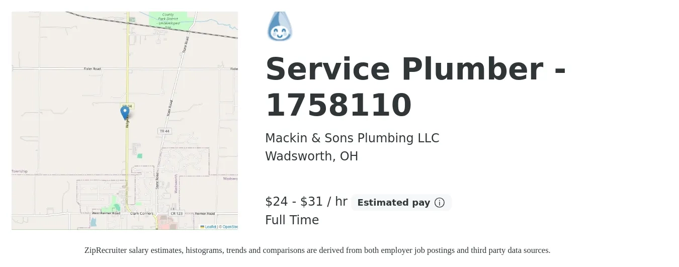 Mackin & Sons Plumbing LLC job posting for a Service Plumber - 1758110 in Wadsworth, OH with a salary of $25 to $33 Hourly with a map of Wadsworth location.