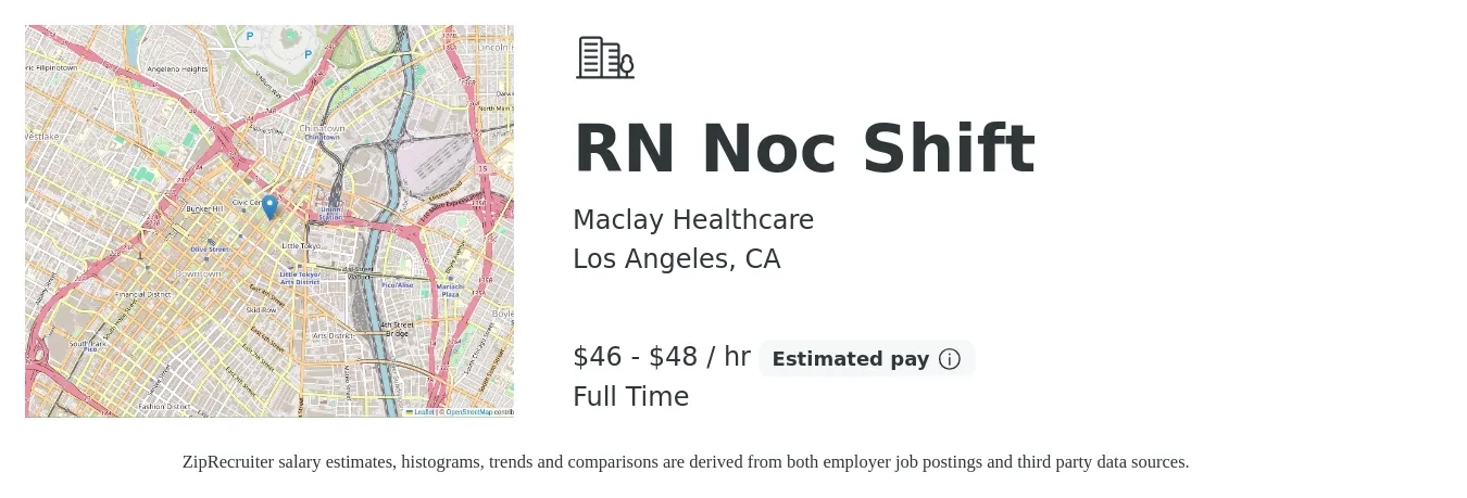 Maclay Healthcare job posting for a RN Noc Shift in Los Angeles, CA with a salary of $48 to $50 Hourly with a map of Los Angeles location.