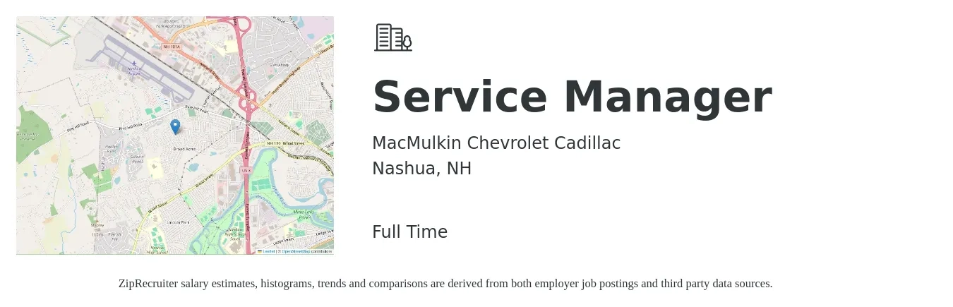 MacMulkin Chevrolet Cadillac job posting for a Service Manager in Nashua, NH with a salary of $52,500 to $81,300 Yearly with a map of Nashua location.