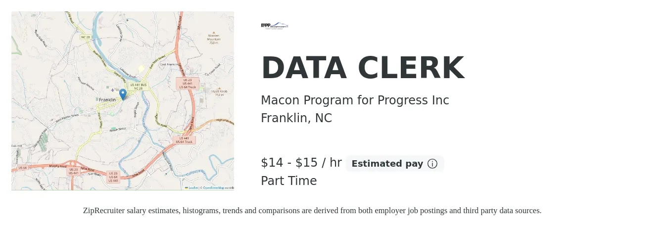 Macon Program for Progress Inc job posting for a DATA CLERK in Franklin, NC with a salary of $15 to $16 Hourly with a map of Franklin location.