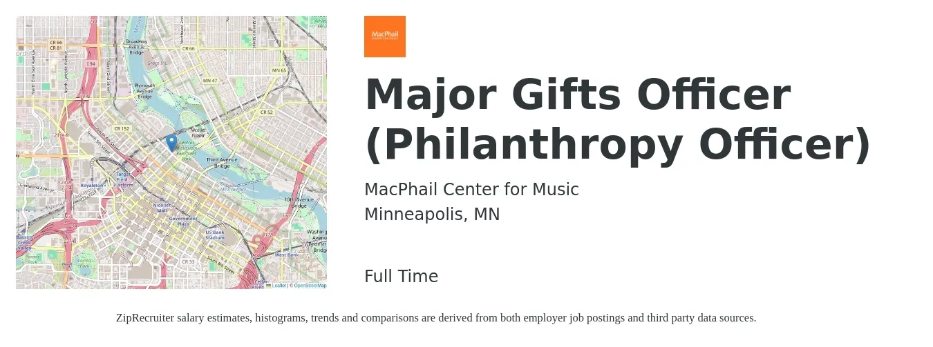 MacPhail Center for Music job posting for a Major Gifts Officer (Philanthropy Officer) in Minneapolis, MN with a salary of $75,200 to $97,600 Yearly with a map of Minneapolis location.