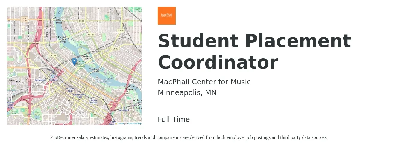 MacPhail Center for Music job posting for a Student Placement Coordinator in Minneapolis, MN with a salary of $19 to $28 Hourly with a map of Minneapolis location.