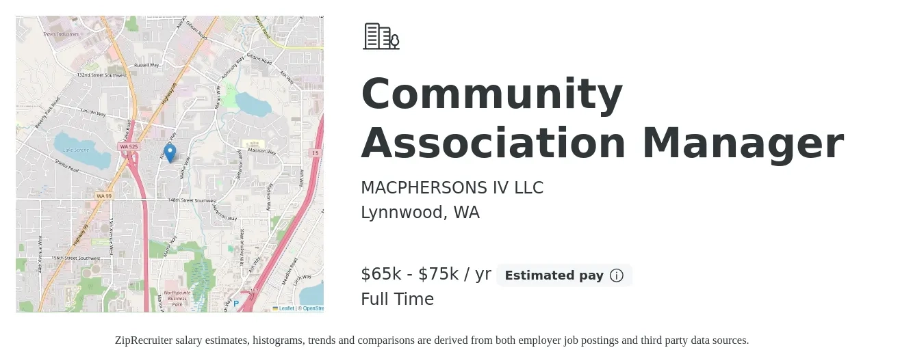 MACPHERSONS IV LLC job posting for a Community Association Manager in Lynnwood, WA with a salary of $68,000 to $82,000 Yearly with a map of Lynnwood location.