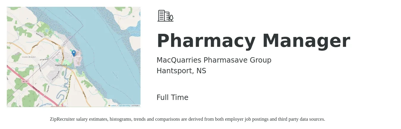 MacQuarries Pharmasave Group job posting for a Pharmacy Manager in Hantsport, NS with a map of Hantsport location.