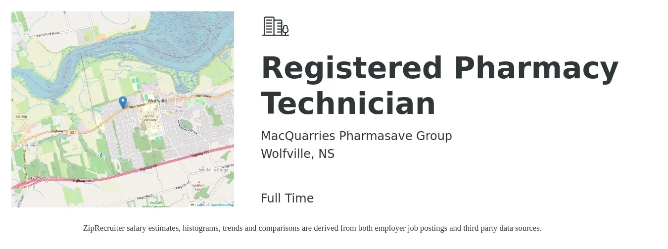 MacQuarries Pharmasave Group job posting for a Registered Pharmacy Technician in Wolfville, NS with a map of Wolfville location.