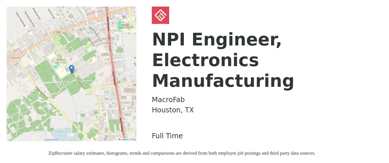 MacroFab job posting for a NPI Engineer, Electronics Manufacturing in Houston, TX with a salary of $64,300 to $82,800 Yearly with a map of Houston location.