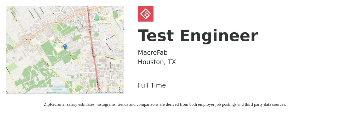 MacroFab job posting for a Test Engineer in Houston, TX with a salary of $34 to $53 Hourly with a map of Houston location.