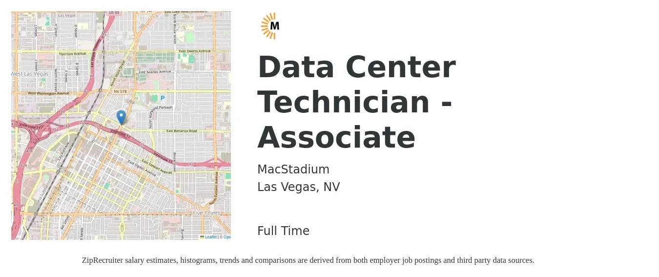 MacStadium job posting for a Data Center Technician - Associate in Las Vegas, NV with a salary of $21 to $29 Hourly with a map of Las Vegas location.