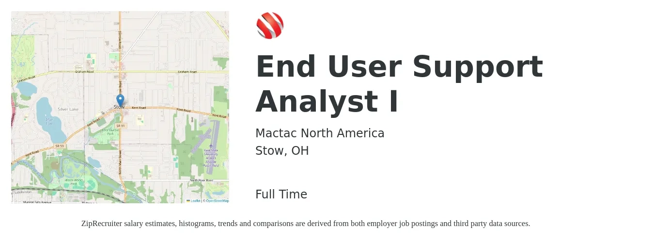Mactac North America job posting for a End User Support Analyst I in Stow, OH with a salary of $21 to $36 Hourly with a map of Stow location.