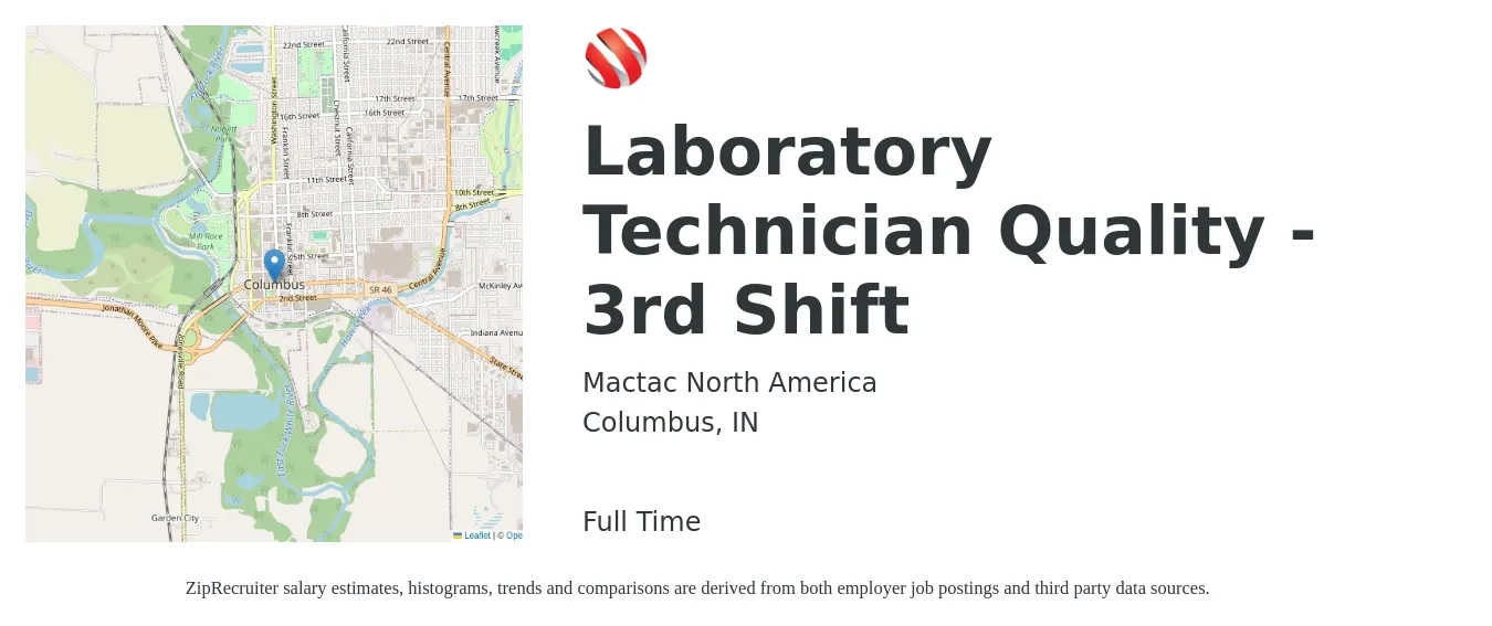 Mactac North America job posting for a Laboratory Technician Quality - 3rd Shift in Columbus, IN with a salary of $18 to $23 Hourly with a map of Columbus location.