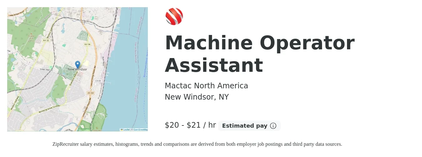 Mactac North America job posting for a Machine Operator Assistant in New Windsor, NY with a salary of $21 to $22 Hourly with a map of New Windsor location.