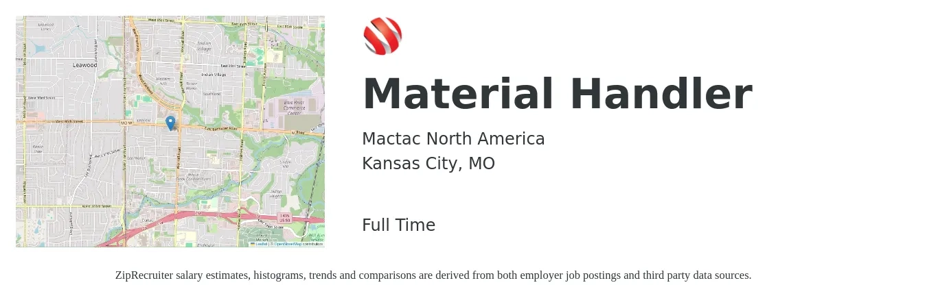 Mactac North America job posting for a Material Handler in Kansas City, MO with a salary of $16 to $19 Hourly with a map of Kansas City location.