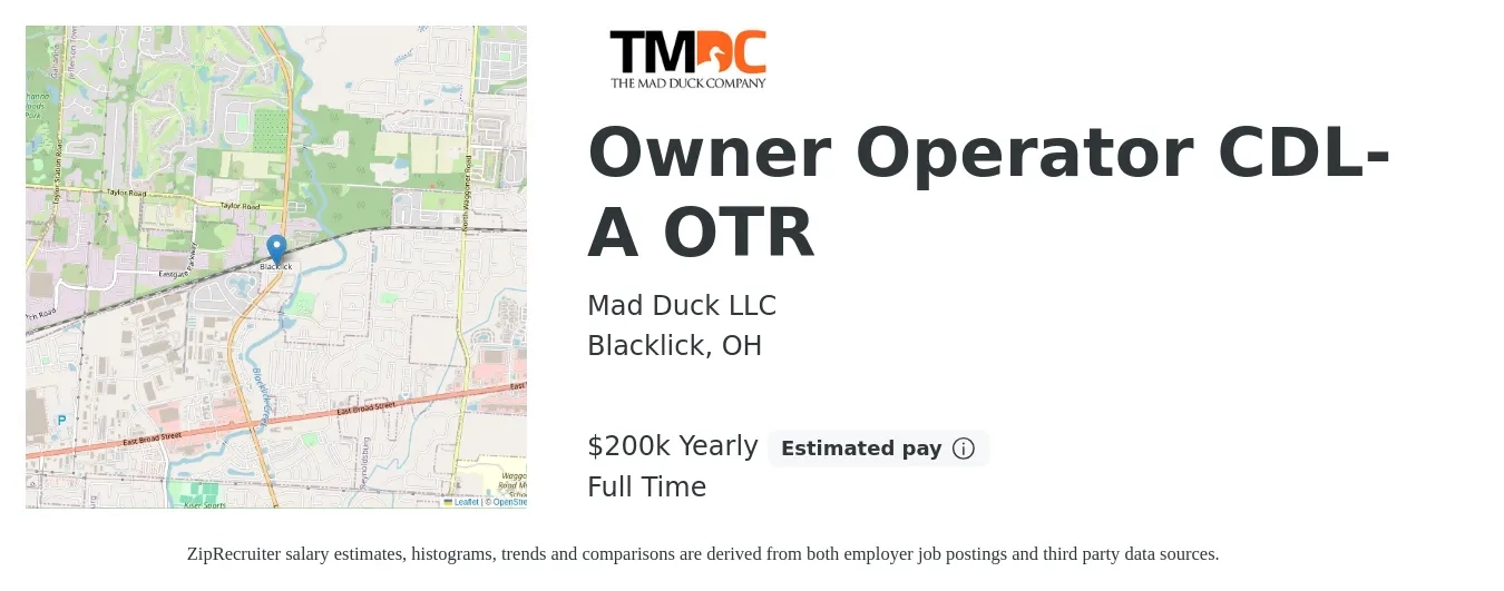 Mad Duck LLC job posting for a Owner Operator CDL-A OTR in Blacklick, OH with a salary of $200,000 Yearly with a map of Blacklick location.