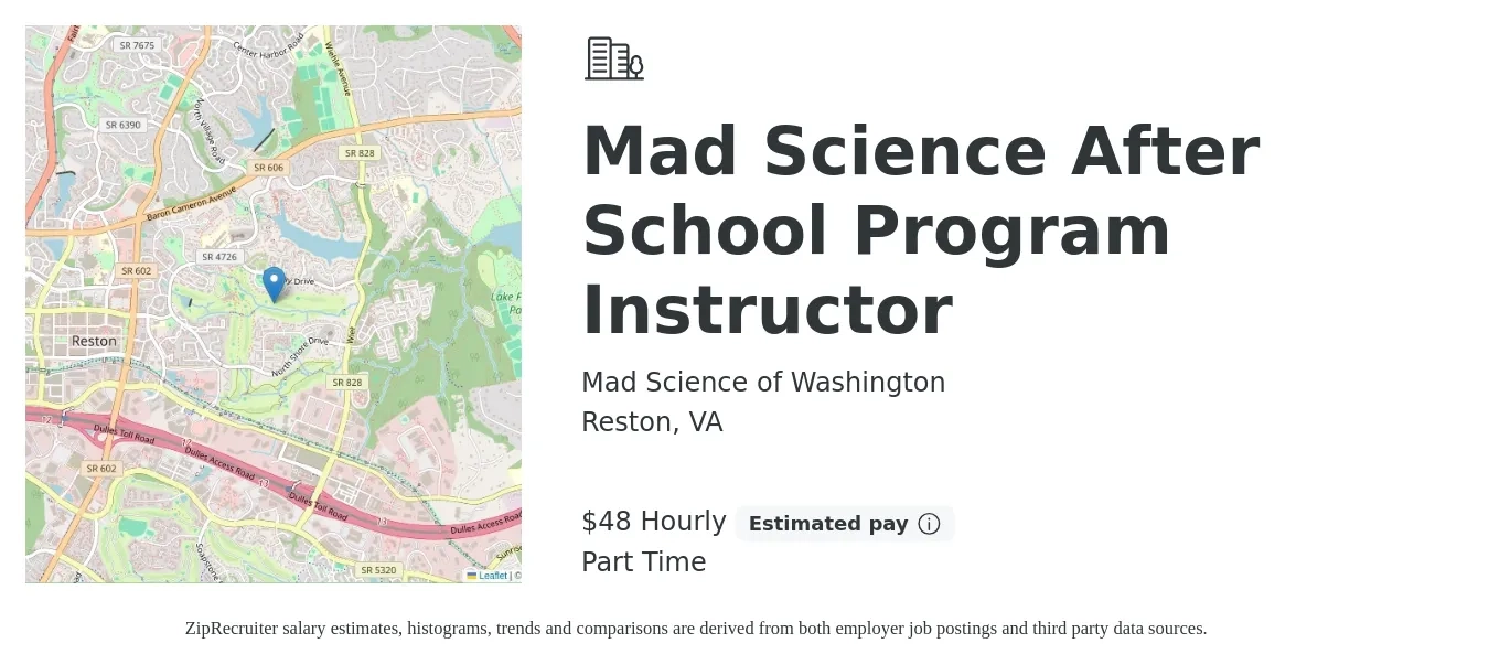 Mad Science of Washington job posting for a Mad Science After School Program Instructor in Reston, VA with a salary of $50 Hourly with a map of Reston location.