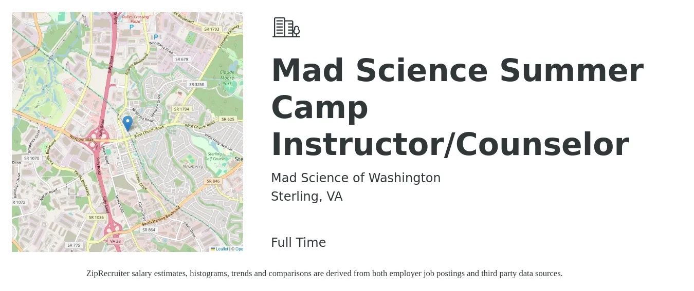 Mad Science of Washington job posting for a Mad Science Summer Camp Instructor/Counselor in Sterling, VA with a salary of $625 to $835 Weekly with a map of Sterling location.
