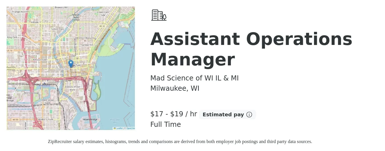 Mad Science of WI IL & MI job posting for a Assistant Operations Manager in Milwaukee, WI with a salary of $18 to $20 Hourly with a map of Milwaukee location.