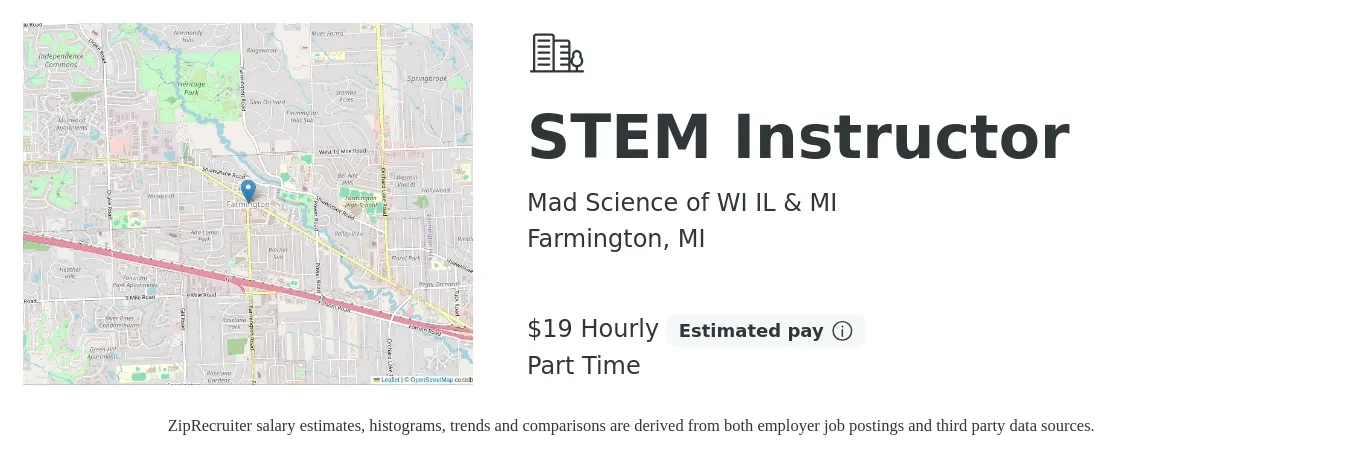 Mad Science of WI IL & MI job posting for a STEM Instructor in Farmington, MI with a salary of $20 Hourly with a map of Farmington location.