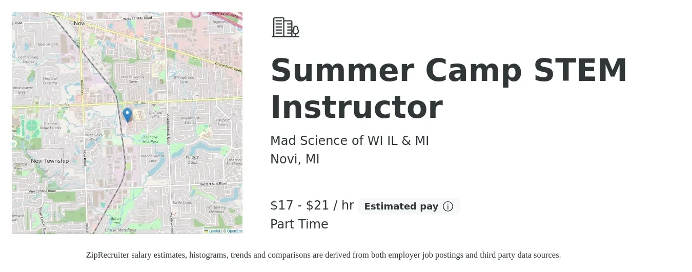 Mad Science of WI IL & MI job posting for a Summer Camp STEM Instructor in Novi, MI with a salary of $18 to $22 Hourly with a map of Novi location.