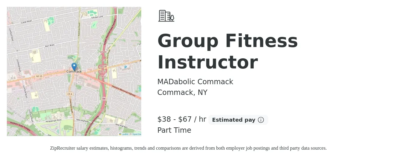 MADabolic Commack job posting for a Group Fitness Instructor in Commack, NY with a salary of $40 to $70 Hourly with a map of Commack location.