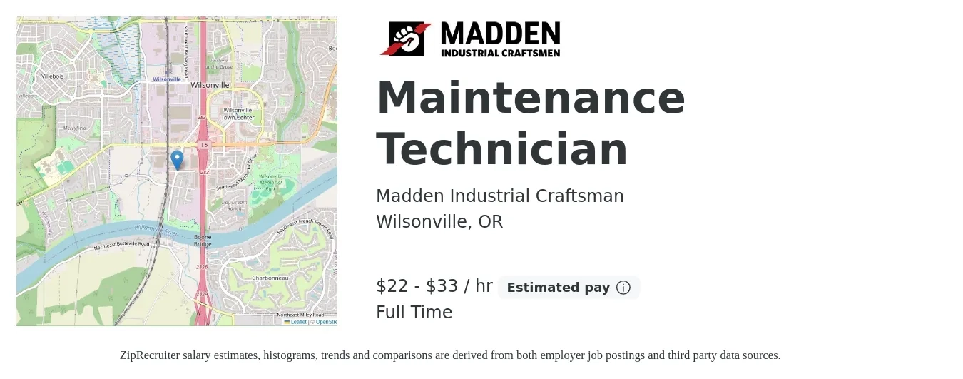 Madden Industrial Craftsman job posting for a Maintenance Technician in Wilsonville, OR with a salary of $23 to $35 Hourly with a map of Wilsonville location.