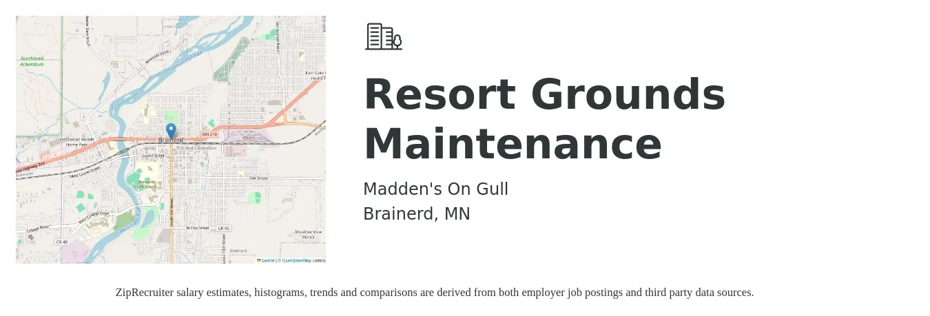 Madden's On Gull job posting for a Resort Grounds Maintenance in Brainerd, MN with a salary of $15 to $19 Hourly with a map of Brainerd location.