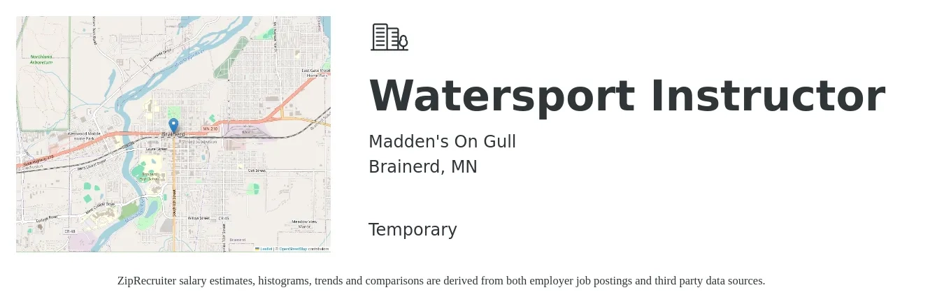 Madden's On Gull job posting for a Watersport Instructor in Brainerd, MN with a salary of $16 to $24 Hourly with a map of Brainerd location.