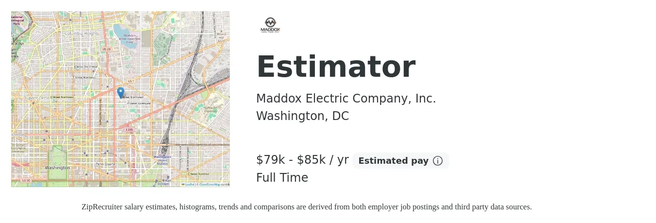 Maddox Electric Company, Inc. job posting for a Estimator in Washington, DC with a salary of $79,000 to $85,000 Yearly with a map of Washington location.