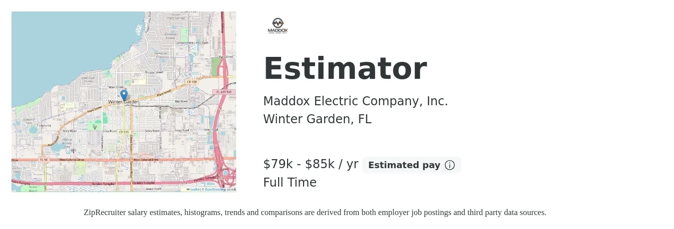 Maddox Electric Company, Inc. job posting for a Estimator in Winter Garden, FL with a salary of $79,000 to $85,000 Yearly with a map of Winter Garden location.
