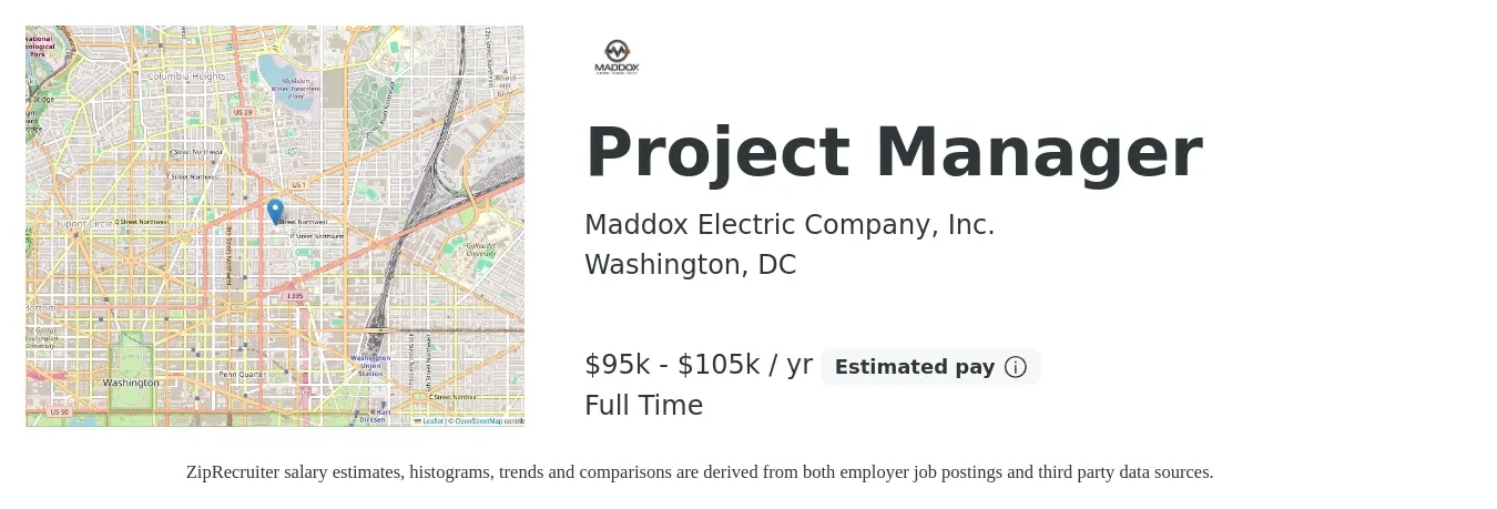 Maddox Electric Company, Inc. job posting for a Project Manager in Washington, DC with a salary of $95,160 to $105,560 Yearly with a map of Washington location.