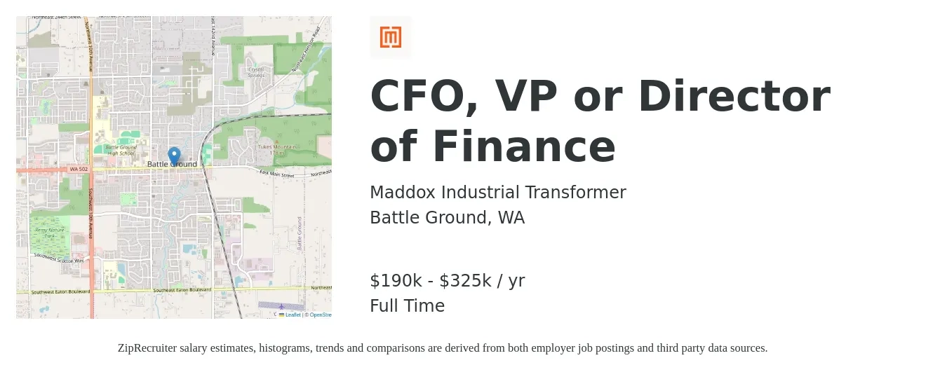 Maddox Industrial Transformer job posting for a CFO, VP or Director of Finance in Battle Ground, WA with a salary of $190,000 to $325,000 Yearly with a map of Battle Ground location.