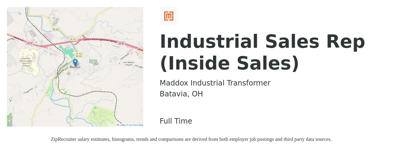 Maddox Industrial Transformer job posting for a Industrial Sales Rep (Inside Sales) in Batavia, OH with a salary of $36,200 to $54,100 Yearly with a map of Batavia location.