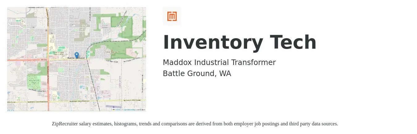 Maddox Industrial Transformer job posting for a Inventory Tech in Battle Ground, WA with a salary of $18 to $24 Hourly with a map of Battle Ground location.