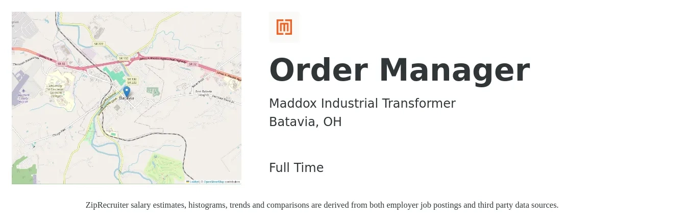 Maddox Industrial Transformer job posting for a Order Manager in Batavia, OH with a salary of $46,800 to $69,700 Yearly with a map of Batavia location.