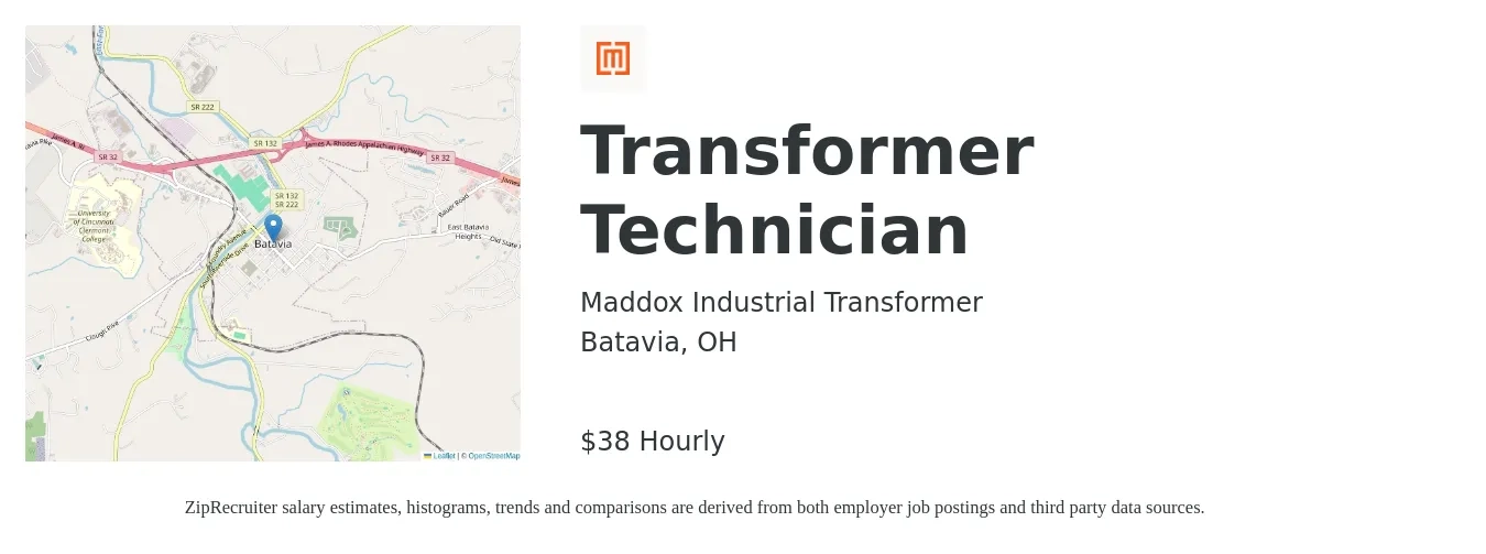 Maddox Industrial Transformer job posting for a Transformer Technician in Batavia, OH with a salary of $40 Hourly with a map of Batavia location.