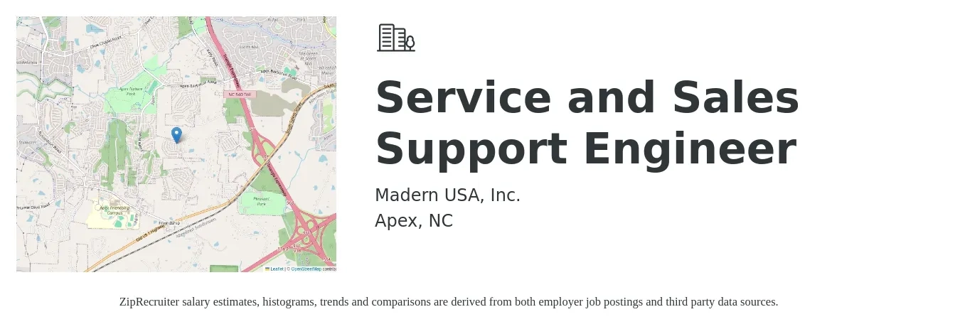 Madern USA, Inc. job posting for a Service and Sales Support Engineer in Apex, NC with a salary of $44,600 to $79,600 Yearly with a map of Apex location.