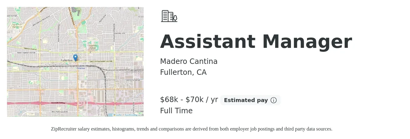 Madero Cantina job posting for a Assistant Manager in Fullerton, CA with a salary of $68,000 to $70,000 Yearly with a map of Fullerton location.