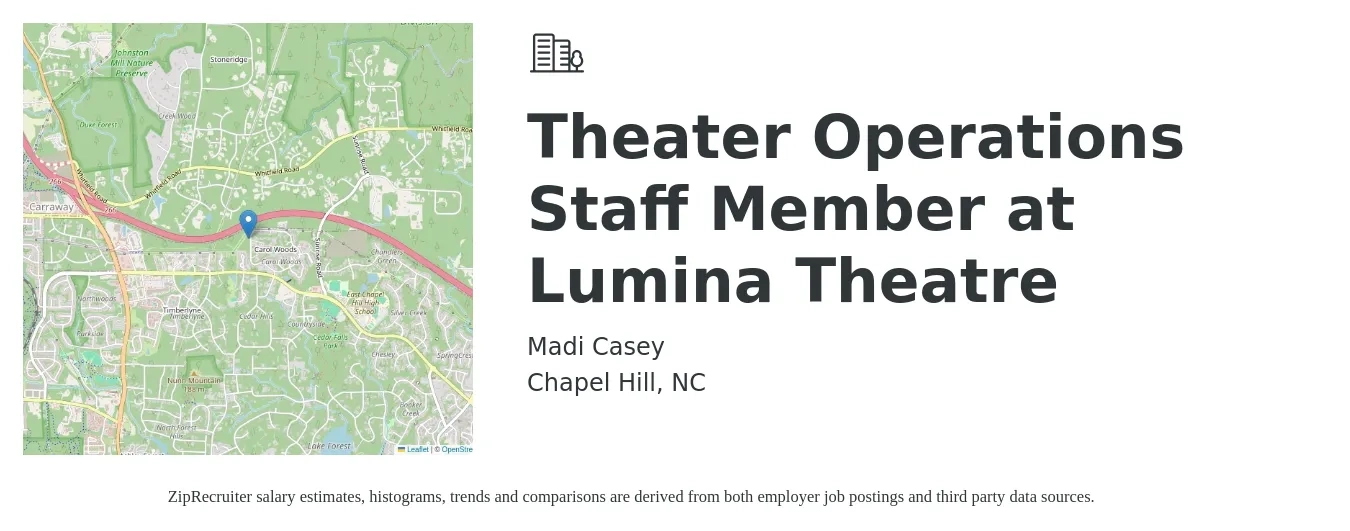 Madi Casey job posting for a Theater Operations Staff Member at Lumina Theatre in Chapel Hill, NC with a salary of $11 to $14 Hourly with a map of Chapel Hill location.