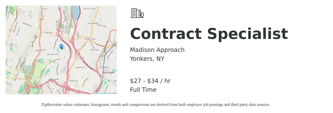 Madison Approach job posting for a Contract Specialist in Yonkers, NY with a salary of $29 to $36 Hourly with a map of Yonkers location.