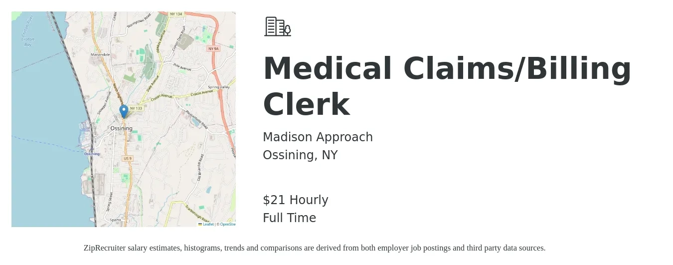 Madison Approach job posting for a Medical Claims/Billing Clerk in Ossining, NY with a salary of $22 Hourly with a map of Ossining location.