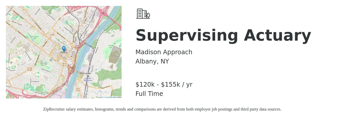 Madison Approach job posting for a Supervising Actuary in Albany, NY with a salary of $120,000 to $155,000 Yearly with a map of Albany location.