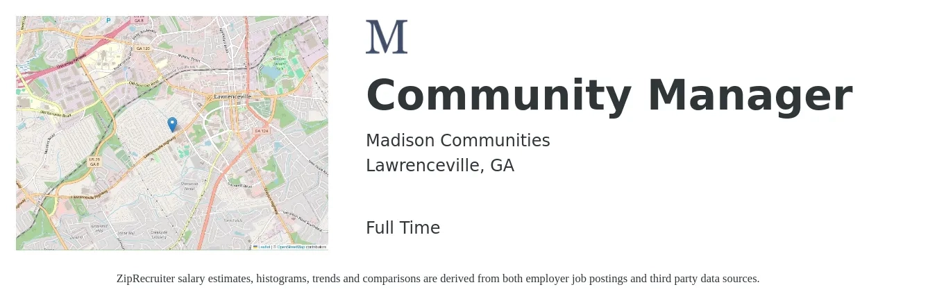 Madison Communities job posting for a Community Manager in Lawrenceville, GA with a salary of $43,100 to $61,400 Yearly with a map of Lawrenceville location.