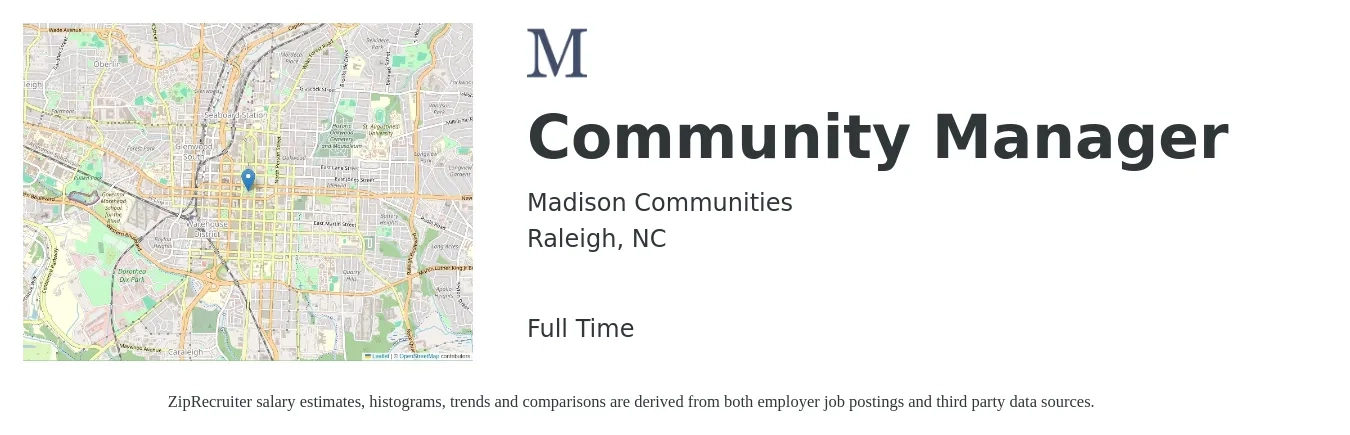 Madison Communities job posting for a Community Manager in Raleigh, NC with a salary of $45,700 to $65,100 Yearly with a map of Raleigh location.