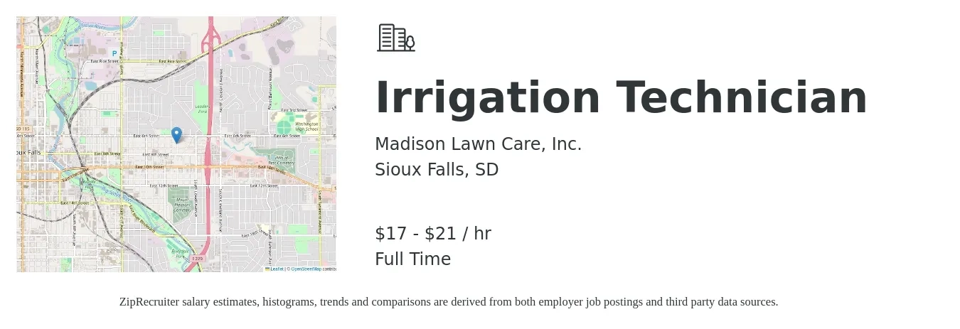 Madison Lawn Care, Inc. job posting for a Irrigation Technician in Sioux Falls, SD with a salary of $18 to $22 Hourly with a map of Sioux Falls location.