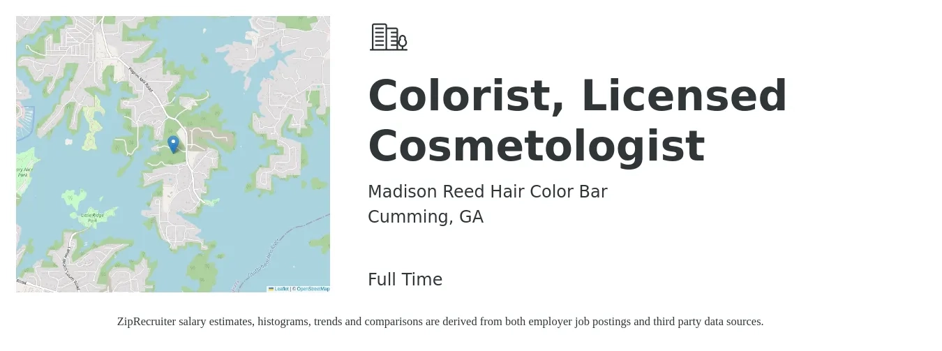 Madison Reed Hair Color Bar job posting for a Colorist, Licensed Cosmetologist in Cumming, GA with a salary of $14 to $22 Hourly with a map of Cumming location.